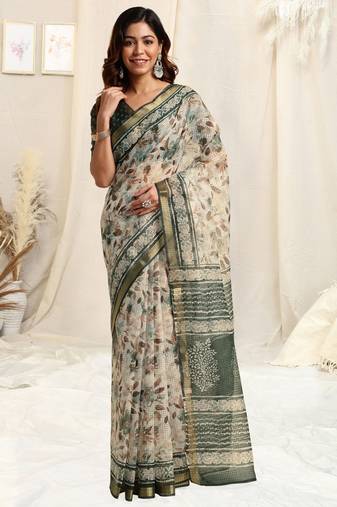 Off White Kota Doria Floral Block Print Golden Zari Border Saree With Unstitched Blouse Piece