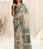 Off White Kota Doria Floral Block Print Golden Zari Border Saree With Unstitched Blouse Piece