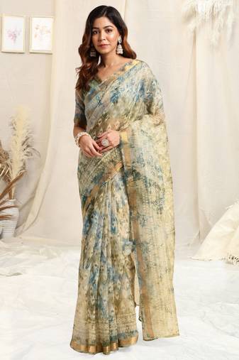 Beige Kota Doria Block Print Golden Zari Border Saree With Unstitched Blouse Piece
