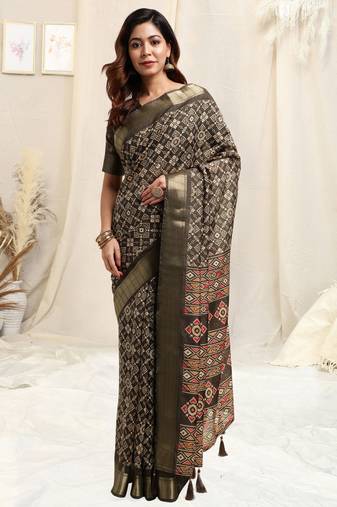 Olive Green Silk Blend Patola Print Copper Zari Border Tassels Saree With Unstitched Blouse Piece