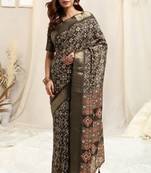 Olive Green Silk Blend Patola Print Copper Zari Border Tassels Saree With Unstitched Blouse Piece