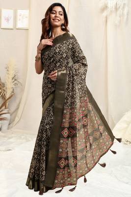 Olive Green Silk Blend Patola Print Copper Zari Border Tassels Saree With Unstitched Blouse Piece 2