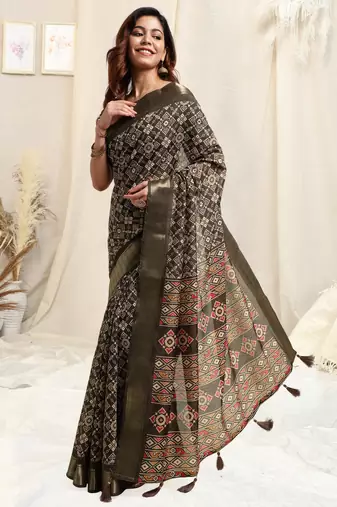 Olive Green Silk Blend Patola Print Copper Zari Border Tassels Saree With Unstitched Blouse Piece