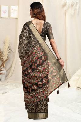 Olive Green Silk Blend Patola Print Copper Zari Border Tassels Saree With Unstitched Blouse Piece 3