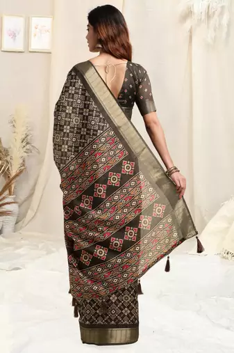 Olive Green Silk Blend Patola Print Copper Zari Border Tassels Saree With Unstitched Blouse Piece