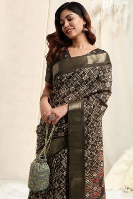 Olive Green Silk Blend Patola Print Copper Zari Border Tassels Saree With Unstitched Blouse Piece 5