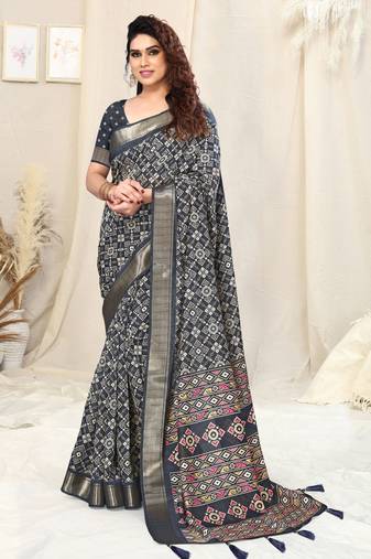 Navy Blue Silk Blend Patola Print Copper Zari Border Tassels Saree With Unstitched Blouse Piece