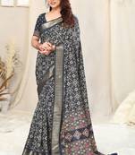 Navy Blue Silk Blend Patola Print Copper Zari Border Tassels Saree With Unstitched Blouse Piece
