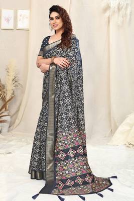 Navy Blue Silk Blend Patola Print Copper Zari Border Tassels Saree With Unstitched Blouse Piece 2