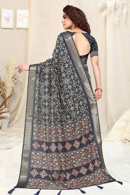 Navy Blue Silk Blend Patola Print Copper Zari Border Tassels Saree With Unstitched Blouse Piece 3