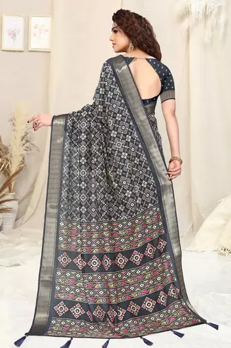 Navy Blue Silk Blend Patola Print Copper Zari Border Tassels Saree With Unstitched Blouse Piece