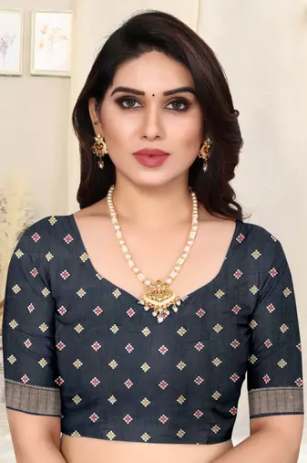 Navy Blue Silk Blend Patola Print Copper Zari Border Tassels Saree With Unstitched Blouse Piece