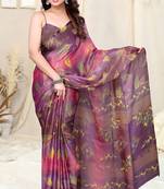 Pink brasso leaf print floral print saree with unstitched blouse piece