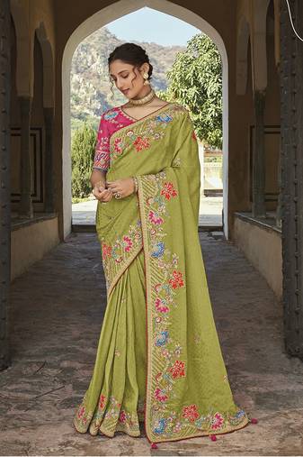 Parrot Green Embroidered Silk Blend Designer Saree With Unstiched Blouse