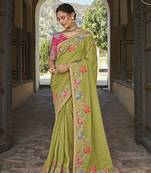 Parrot Green Embroidered Silk Blend Designer Saree With Unstiched Blouse