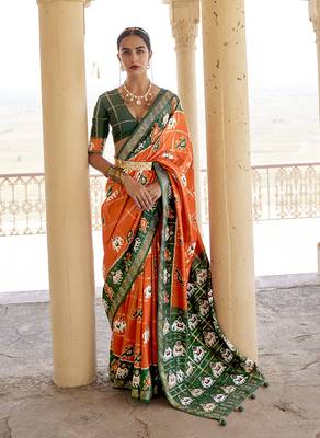 Orange Woven Patola silk blend Saree 1