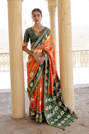 Orange Woven Patola Silk Blend Classic Saree With Unstiched Blouse