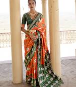 Orange Woven Patola Silk Blend Classic Saree With Unstiched Blouse