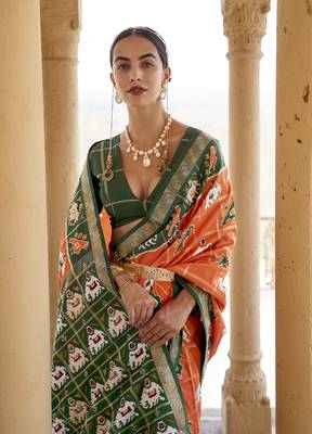 Orange Woven Patola silk blend Saree 2