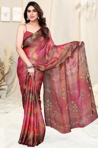 Red brasso leaf print floral print saree with unstitched blouse piece