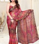 Red brasso leaf print floral print saree with unstitched blouse piece