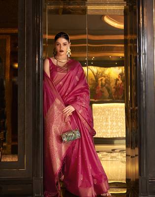 Dark Pink Woven Banarasi silk blend Saree With Unstiched Blouse 1