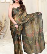 Beige brasso leaf print floral print saree with unstitched blouse piece