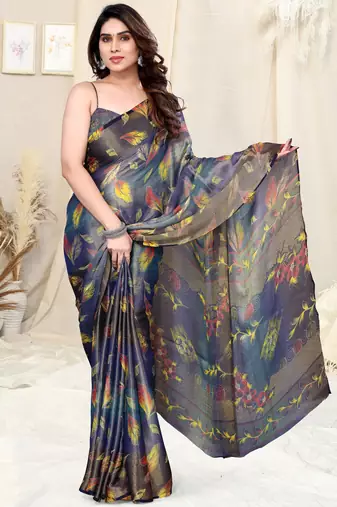 Blue brasso leaf print floral print saree with unstitched blouse piece