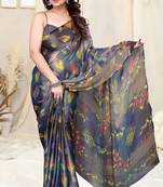 Blue brasso leaf print floral print saree with unstitched blouse piece