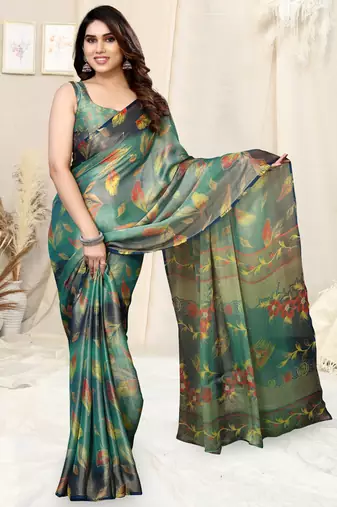 Teal brasso leaf print floral print saree with unstitched blouse piece