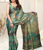 Teal brasso leaf print floral print saree with unstitched blouse piece