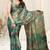 Teal brasso leaf print floral print saree with unstitched blouse piece