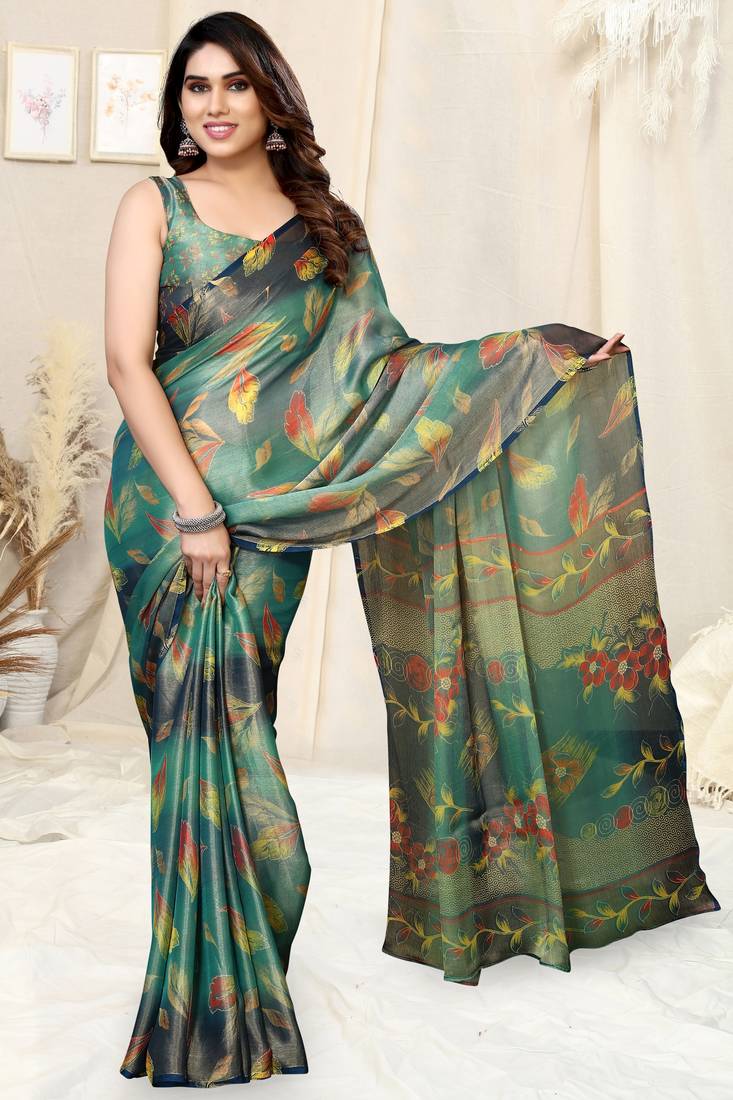 Teal brasso leaf print floral print saree with unstitched blouse piece