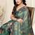 Teal brasso leaf print floral print saree with unstitched blouse piece