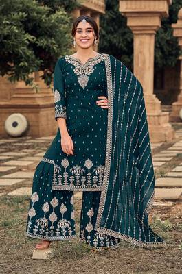 Teal color embroidered georgette semi stiched salwar kameez 1