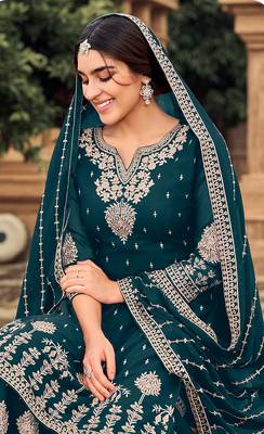 Teal color embroidered georgette semi stiched salwar kameez 2