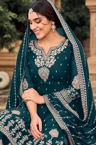 Teal color embroidered georgette semi stiched salwar kameez