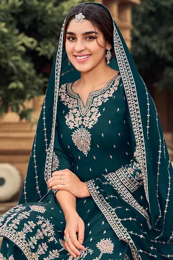 Teal color embroidered georgette semi stiched salwar kameez