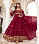 Maroon color embroidered georgette floor length unstiched anarkali suit