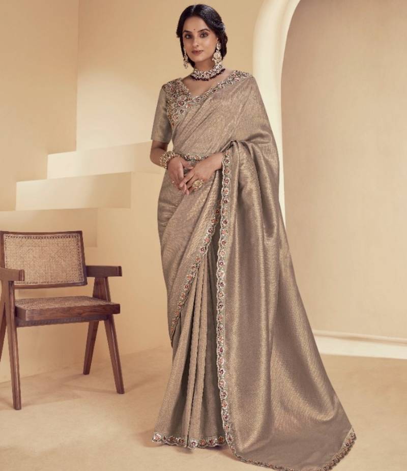 brown colour soft cotton silk saree with designer blouse