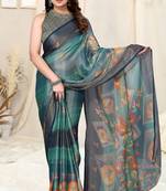 Teal brasso floral print saree with unstitched blouse piece