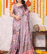 Lavender color silk blend floral print woven silver border saree with unstitched blouse piece