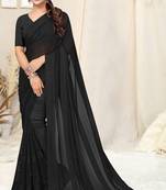 Black georgette solid tassels saree with unstitched blouse piece