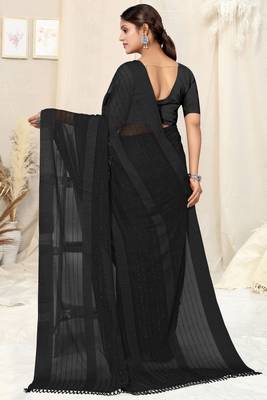 Black georgette solid tassels saree with unstitched blouse piece 3