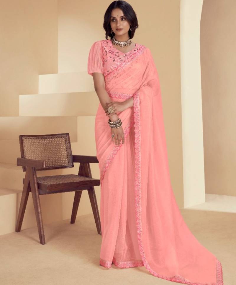 peach colour soft cotton silk saree with designer blouse