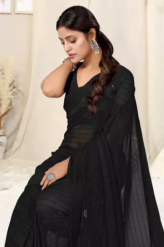 Black georgette solid tassels saree with unstitched blouse piece