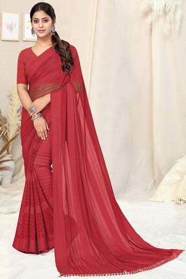 Maroon Georgette Solid Tassels Saree With Unstitched Blouse Piece 1