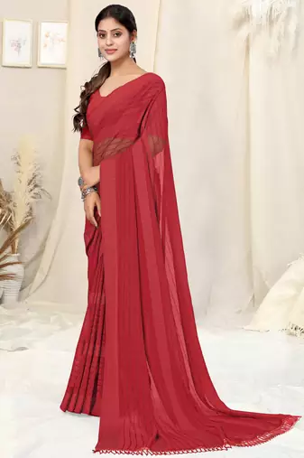Maroon Georgette Solid Tassels Saree With Unstitched Blouse Piece