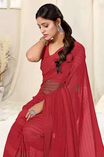 Maroon Georgette Solid Tassels Saree With Unstitched Blouse Piece