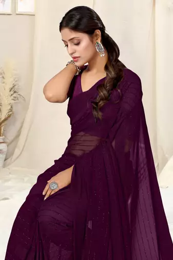 Wine georgette solid tassels saree with unstitched blouse piece